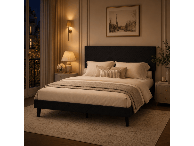  Lit adulte 160x200 cm, lit double avec sommier à lattes, revêtement en lin, tête de lit rayée, design nordique, gris  - Conforama D