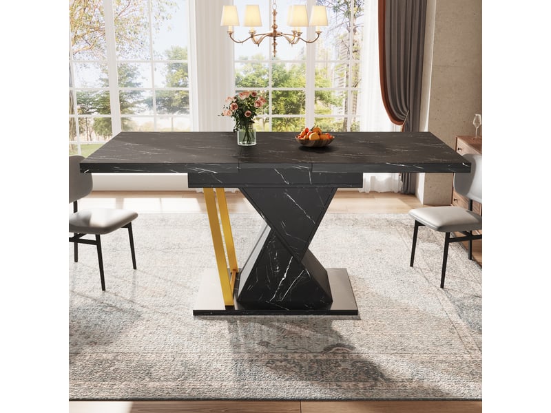  Table à manger extensible 110-140x80x76 cm, design effet marbre, plateau mdf haute densité, pieds métal, noir  - Conforama W