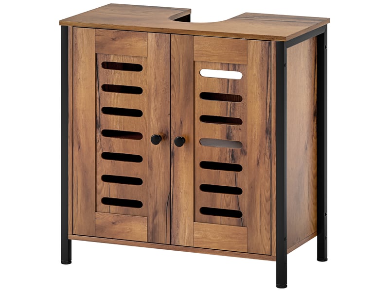  Meuble sous-évier industriel avec 2 portes à lattes à fermeture magnétique et étagère réglable, 60 x 30 x 60 cm, marron rustique  - Conforama B