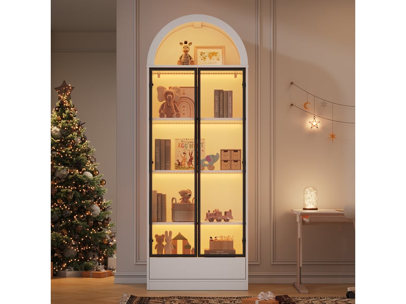  Vitrine led avec portes vitrées et tiroir, 70 x 38 x 190 cm, mdf et verre, blanche  - Conforama D