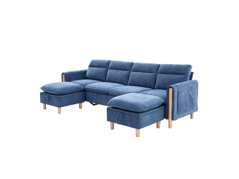  Canapé d'angle u 4 places en chenille 261x77x86 cm avec 2 poufs coffre, canapé modulable avec rangements et pieds en bois - bleu  - Conforama A