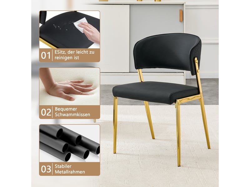  Lot de 2 chaises de salle à manger modernes, assise et dossier rembourrés, dossier incurvé ergonomique, pieds en métal, patins antidérapants noir  - Conforama D