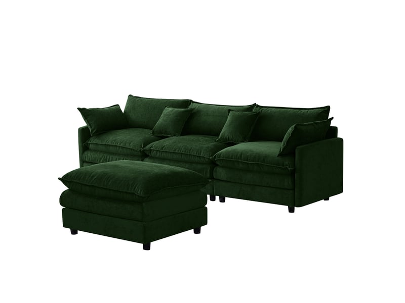  Canapé d'angle modulable 3 places en tissu vert avec pouf mobile, confort familial pour votre salon  - Conforama A