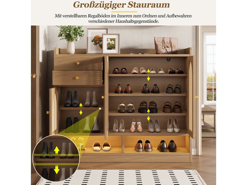  Meuble à chaussures avec 3 portes, 2 tiroirs, étagères réglables et led pour entrée, mdf naturel, 120 × 35 × 100 cm  - Conforama E