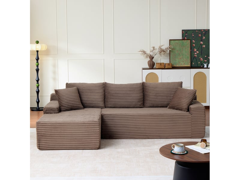 Canapé d’angle modulable gauche compressé 4 places en mousse et velours côtelé couleur marron, style moderne - Conforama B