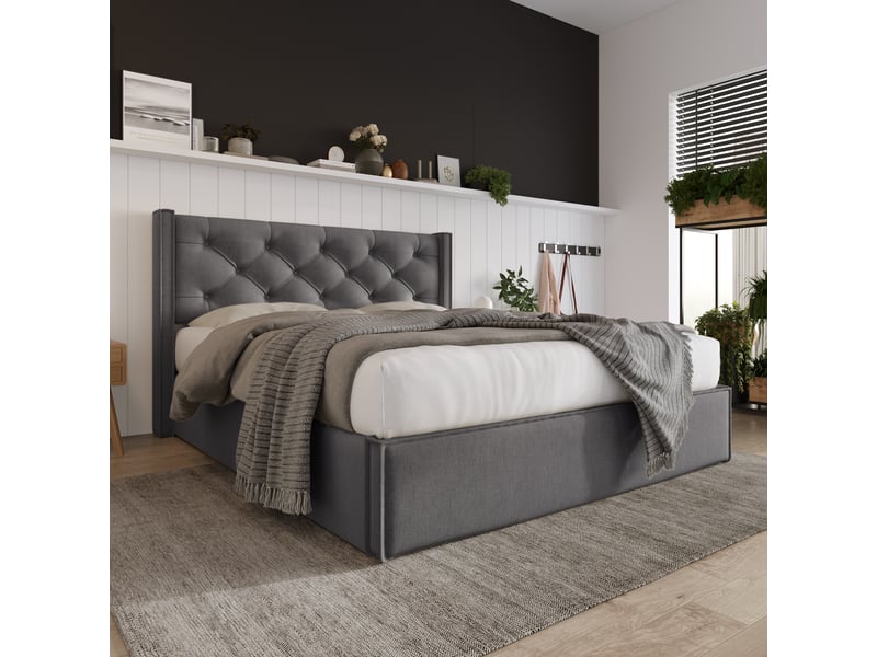 Lit double rembourré 160x200cm avec sommier métallique, coffre hydraulique, tête de lit, coton, gris  - Conforama D