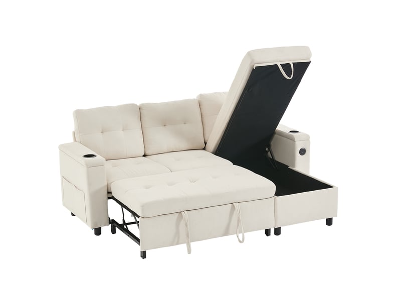 Canapé d'angle convertible treviso 3 places en tissu beige avec led, rangement et ports usb pour le salon - Conforama A