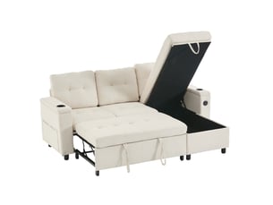 Canapé d'angle convertible treviso 3 places en tissu beige avec led, rangement et ports usb pour le salon