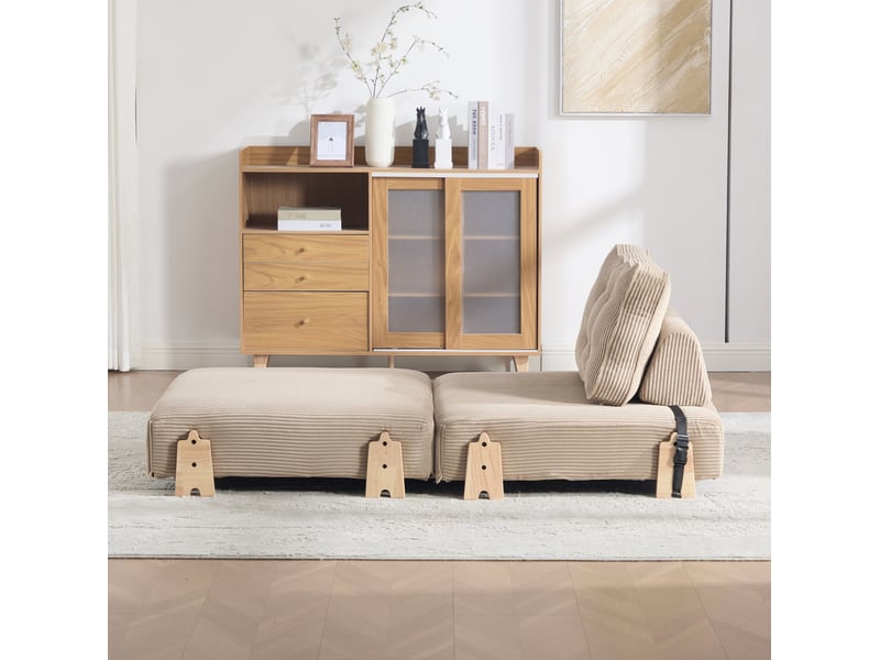  Fauteuil convertible 1 place avec couchage, dossier rembourré et pieds en bois, velours côtelé kaki  - Conforama C