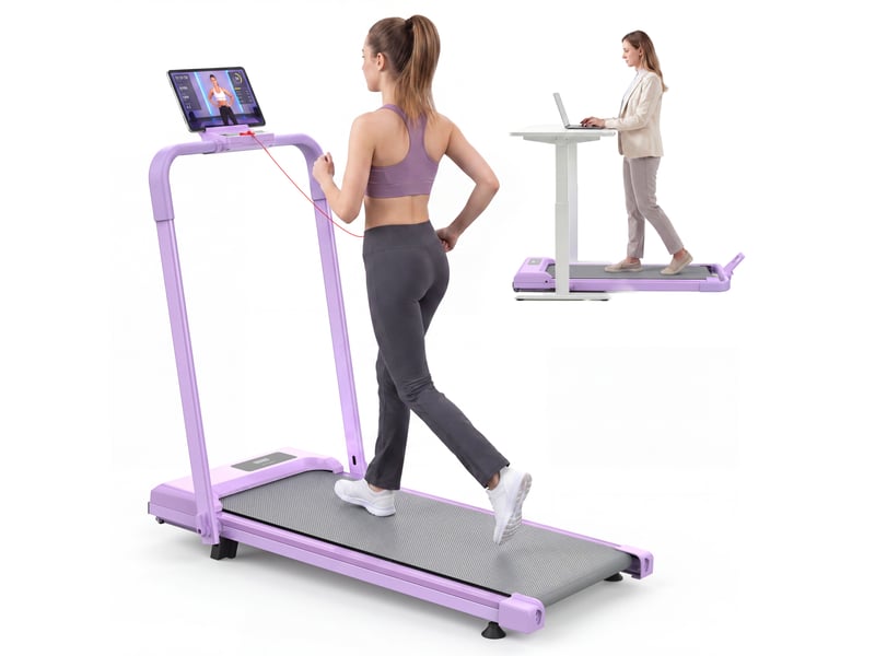  Tapis de course pliable 3 en 1 violet avec inclinaison réglable à 10 %, vitesse maximale 12 kmh, charge 120 kg  - Conforama A