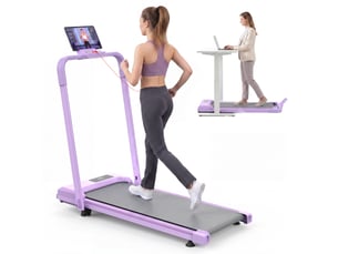 Tapis de course pliable 3 en 1 violet avec inclinaison réglable à 10 %, vitesse maximale 12 kmh, charge 120 kg