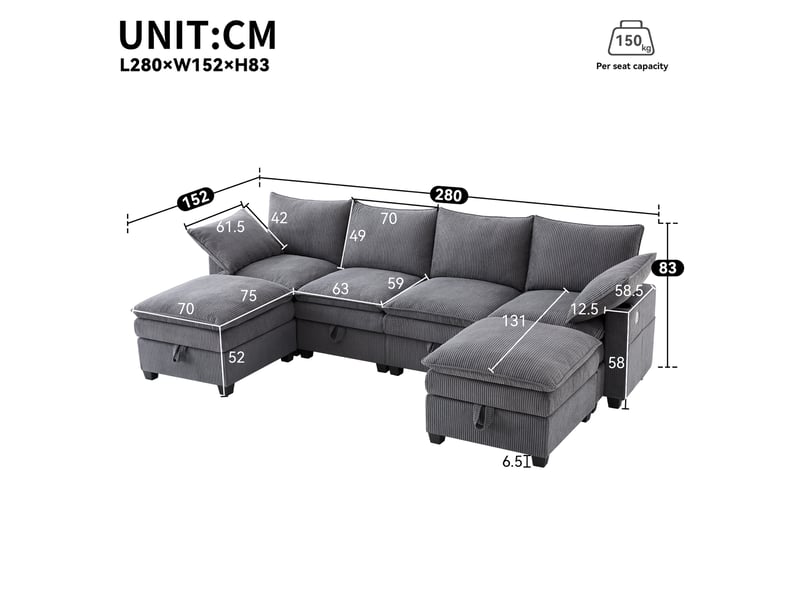 Canapé modulaire 6 places 280x152 cm – gris – rangements, ports usb, porte-gobelets et poufs amovibles - Conforama C
