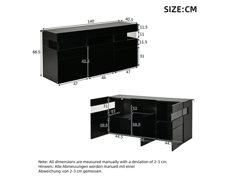  Buffet de salon 140x40,5x66,5 cm, 3 portes, 7 étagères, éclairage led, panneau de particules, finition brillante, noir  - Conforama C