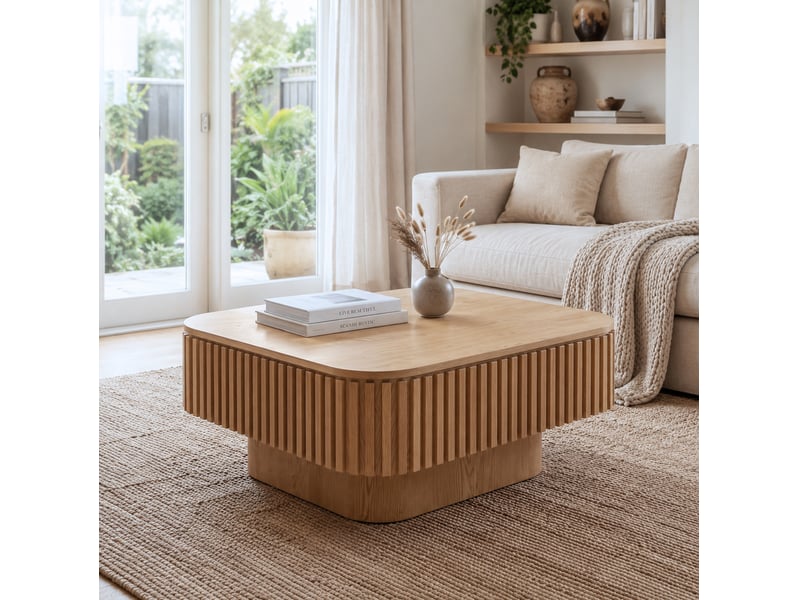 Table basse carrée 75x75 cm – bois naturel – rangement dissimulé, plateau amovible et design strié moderne  - Conforama B