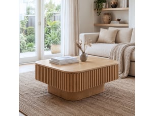 Table basse carrée 75x75 cm – bois naturel – rangement dissimulé, plateau amovible et design strié moderne