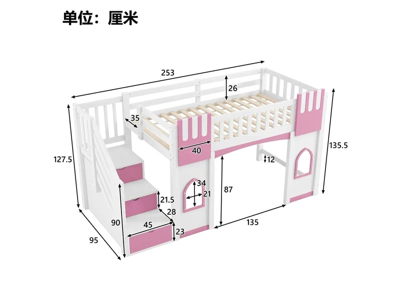 Lit mezzanine 90x200 avec escalier de rangement et fenêtres, lit enfant blanc et rose - Conforama E