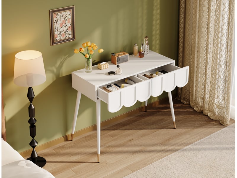 Coiffeuse élégante 100x40x76 cm avec 2 tiroirs, meuble de chambre, style moderne, gain de place, pieds métal, mdf blanc  - Conforama B
