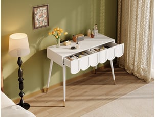 Coiffeuse élégante 100x40x76 cm avec 2 tiroirs, meuble de chambre, style moderne, gain de place, pieds métal, mdf blanc