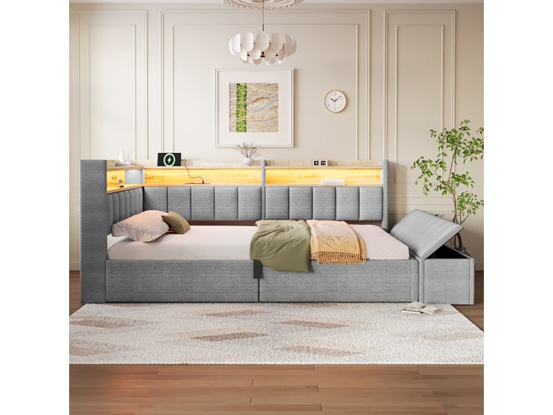 Canapé-lit coffre 140 x 200 cm - avec prise électrique - avec port usb + bande lumineuse led - gris (matelas non inclus) - Conforama D