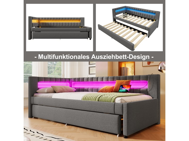 Lit banquette 90x200 gris avec lit gigogne - éclairage led intégré, ports usbtype-c, revêtement lin - Conforama D