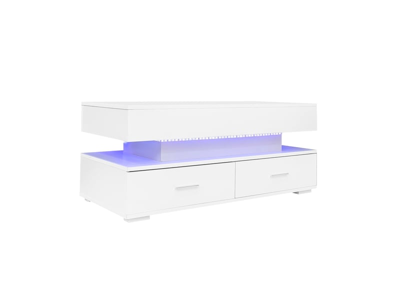  Table basse réglable en hauteur hydrauliquement (100 x 50 x 44 cm) avec éclairage led, commande par application bluetooth, 2 tiroirs et espace de rangement ouvert, blanche.  - Conforama D
