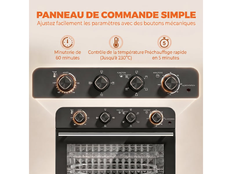  Friteuse à air chaud 36l, four à air chaud 1800 w avec rôtissoire, plaque de cuisson, noir, panier de friture et grille  - Conforama W