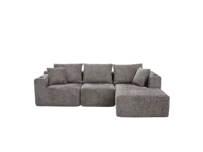 Canapé d’angle modulaire l en chenille gris foncé, assise profonde, porte-gobelets, sans montage, 261 x 165 x 80 cm MT003-DGY - Conforama E