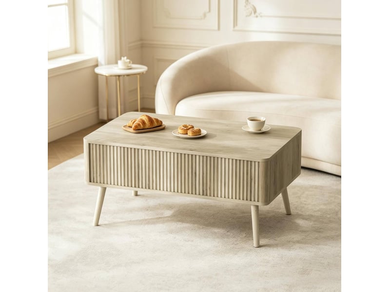  Table basse relevable avec rangement, plateau ajustable, mdf et pieds en pin, finition chêne  - Conforama B