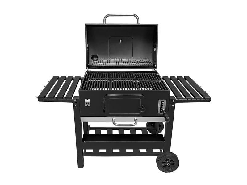  Barbecue fumoir xxl au charbon sur chariot, cuisine extérieure jardin, acier inoxydable noir, 4 aérations, bac réglable, thermomètre, étagères, 218727 - Conforama D