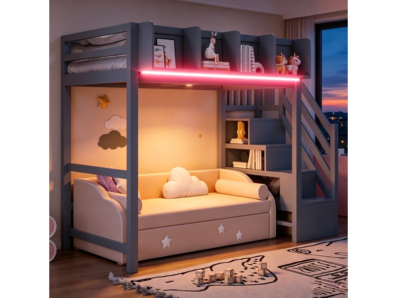 Lit mezzanine 90 x 200 cm avec led, rangements et échelle, gris, en bois - Conforama D