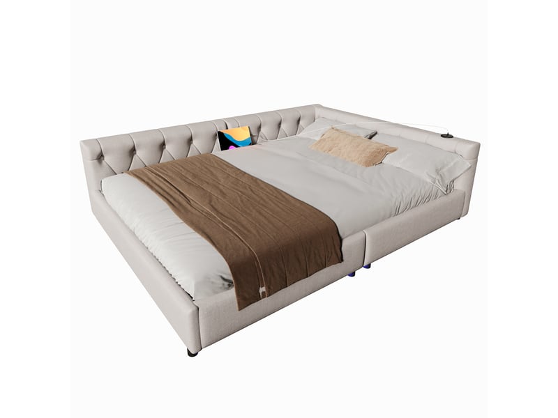  Canapé lit 140x200 en lin beige avec sommier - éclairage led et ports usbtype-c  - Conforama W