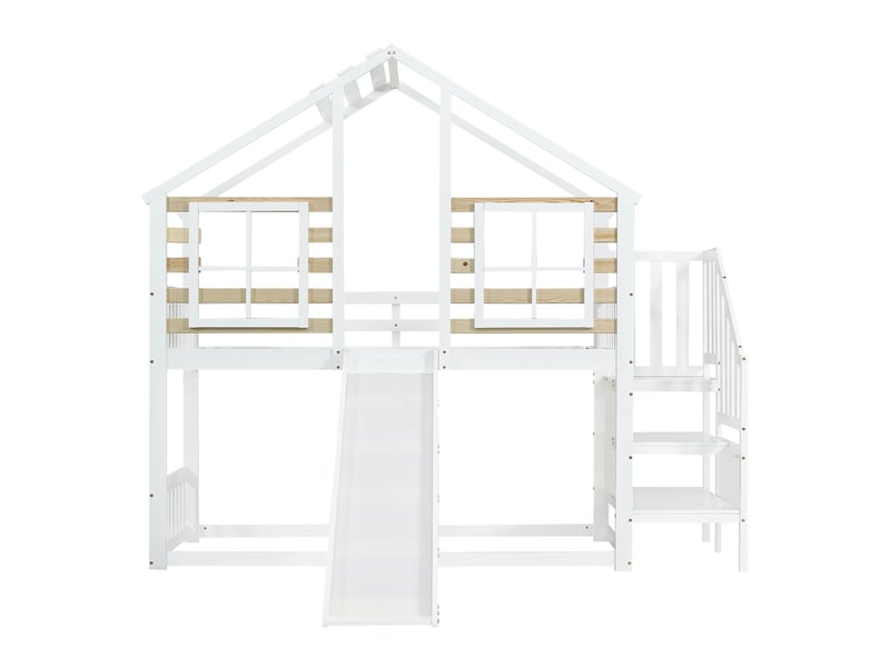  Lit superposé, lit en bois avec escalier et rambarde, avec toboggan et fenêtre, lit enfant cabane en rondins avec protection antichute, cadre de lit en bois massif, blanc (90x200 cm)  - Conforama D