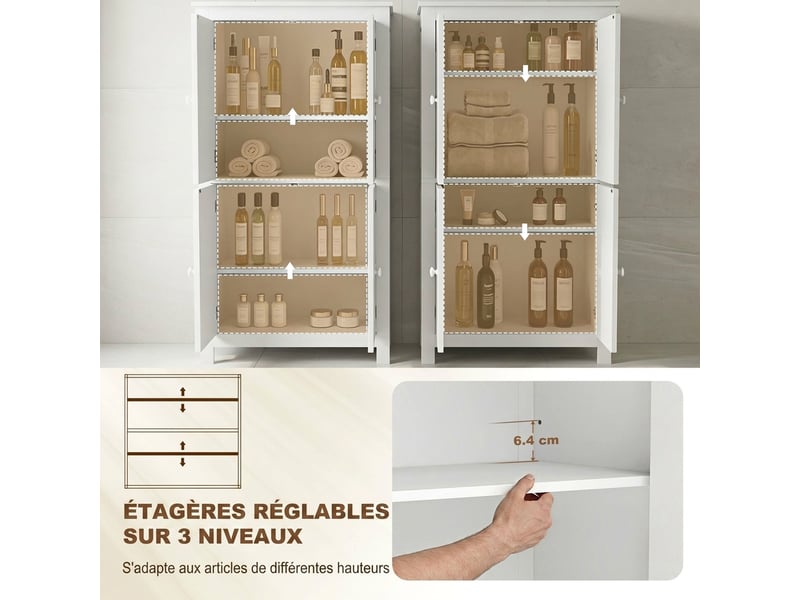  Meuble de salle de bain 4 portes avec étagères réglables mdf blanc 60 x 30 x 110 cm  - Conforama E