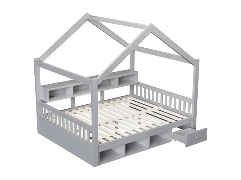 Lit cabine pour enfant 140 × 200 cm – avec espaces de rangement – avec 1 tiroir – avec éclairage led – avec prise électrique – gris (matelas non inclus) - Conforama W