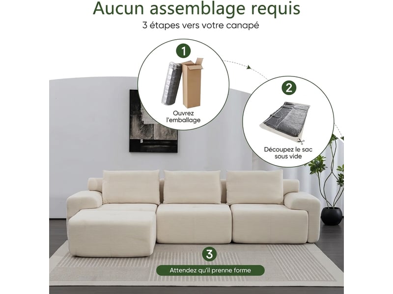  Canapé d’angle modulable convertible sans montage 305 cm assise profonde 63 cm confort moelleux  - Conforama R