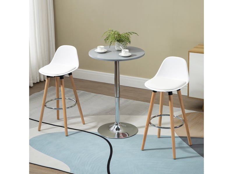  Ensemble de 2 tabourets de bar de style nordique avec dossier, coussin et repose-pieds, en bois et plastique, blancs  - Conforama D