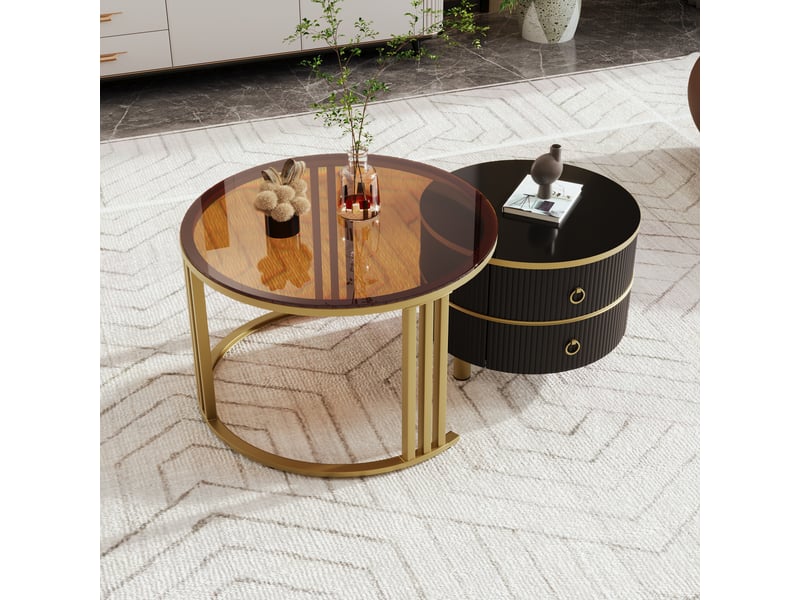  Tables basses 70x70x45 et 50x50x40 cm gigognes, 2 tiroirs, mdf et verre trempé brun, pieds en métal doré, noir ABC - Conforama B