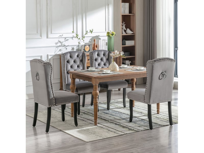  Lot de 4 chaises de salle à manger en velours gris avec pieds en chêne  - Conforama B