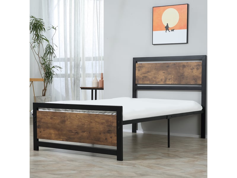  Cadre de lit simple 90x200 en métal et bois, style industriel vintage avec lattes intégrées  - Conforama D