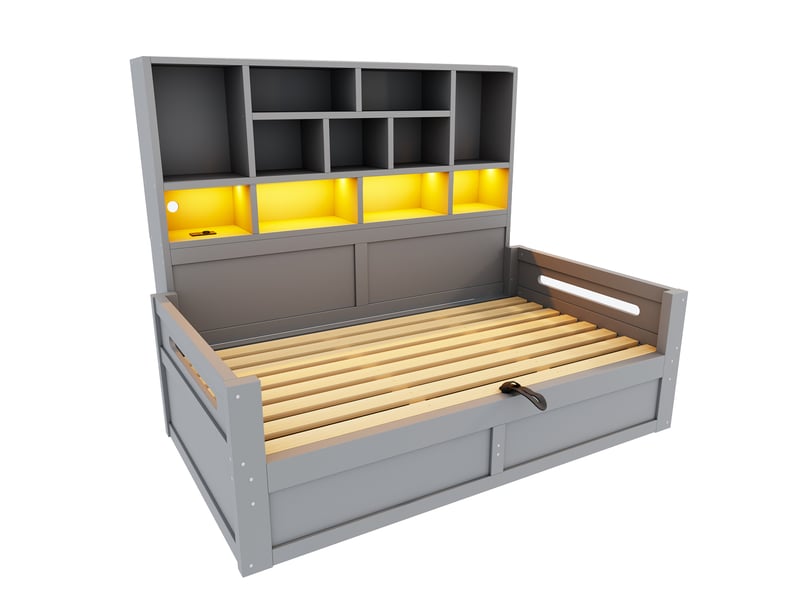  Canapé-lit en bois, 90 x 200 cm, espace de rangement multifonctionnel avec éclairage led, compartiment de rangement hydraulique, lit simple, cadre de lit enfant avec prises électriques, gris  - Conforama E