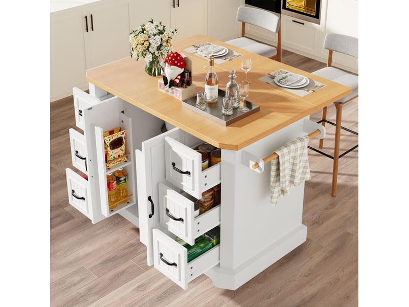  Desserte de cuisine mobile 142x45x91 cm blanche avec 2 portes et 6 tiroirs  - Conforama D