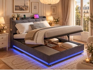 Lit double 140×200 – lit coffre –  éclairage led rgb – port usbtype‑c et électriques  –  sommier à lattes – velours gris