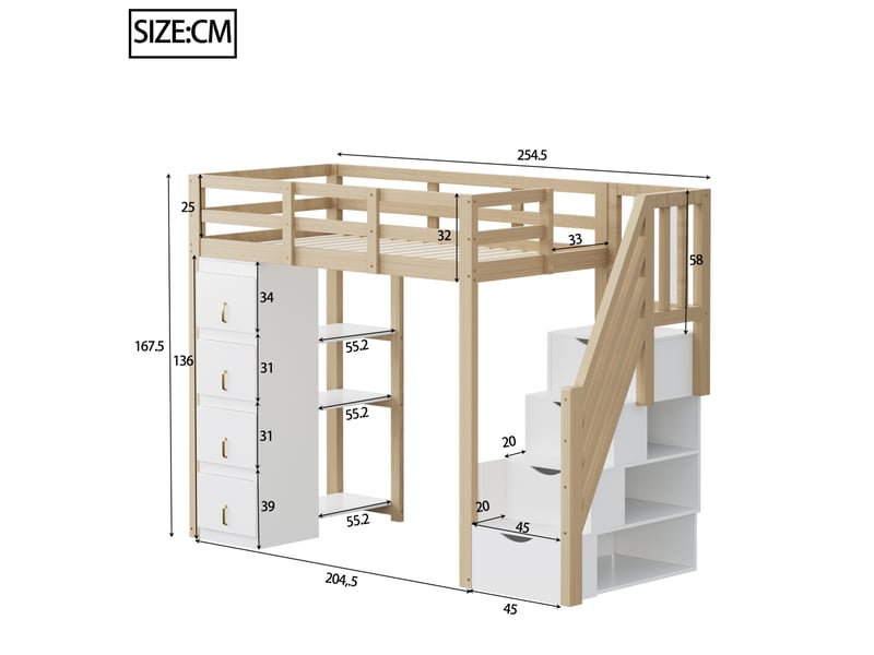  Lit mezzanine 90x200cm, li enfant avec 4 tiroirs, étagères, escalier, espace de rangement et sommier, pin+mdf, blanc+bois, sans matelas  - Conforama C