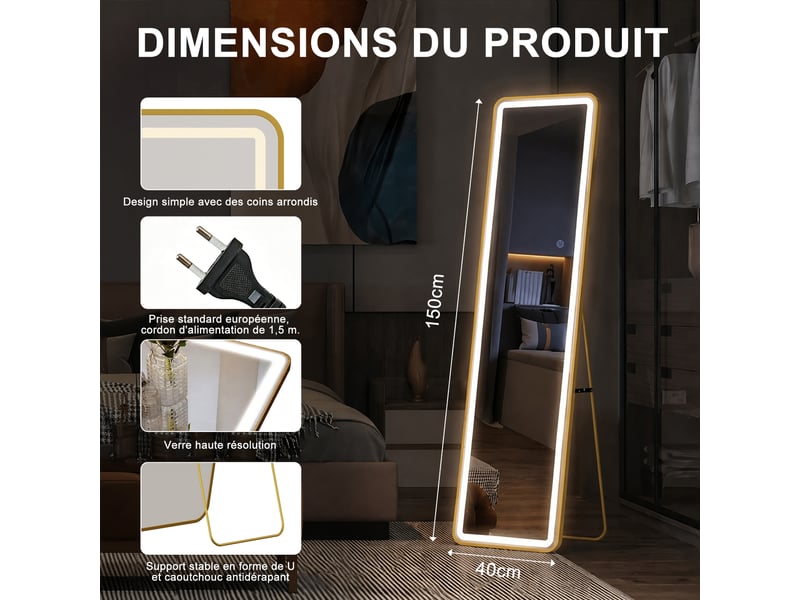  Miroir led pleine longueur 150x40 cm,miroir mural, éclairage 3 couleurs ,verre trempé, cadre aluminium doré  - Conforama C
