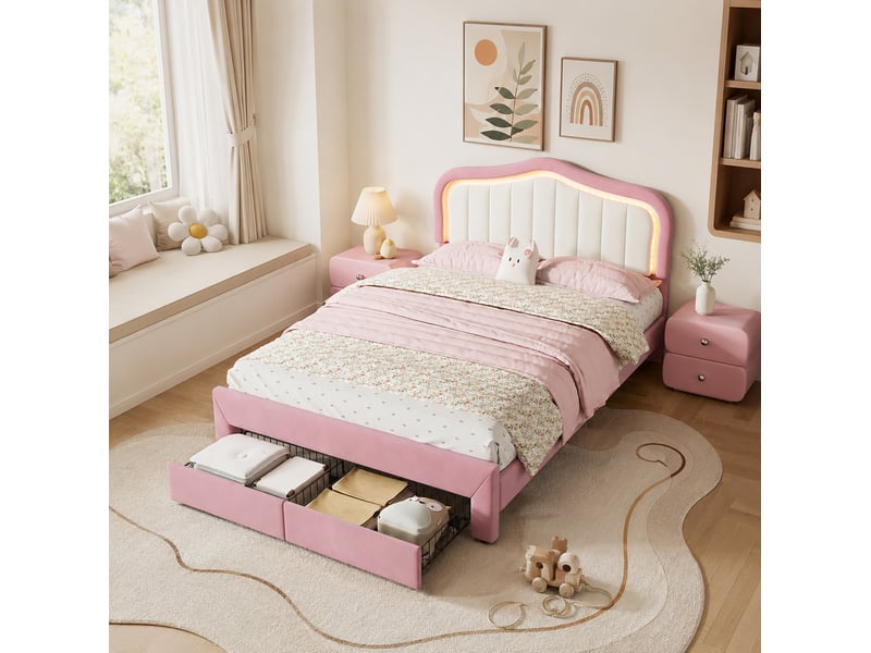  Lit enfant 140x200 cm avec 2 tiroirs et led contrôlée par application, en velours rose, sans matelas  - Conforama W