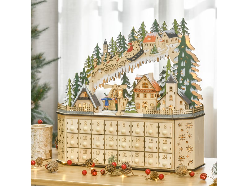 Calendrier de l'avent décoratif de noël, 24 tiroirs, lumières led, 39 cm x 9 cm x 42 cm, blanc et vert  - Conforama D