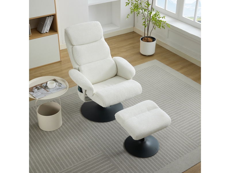  Fauteuil de relaxation ulevr massage 5 points chauffant, inclinable 140°, pivotant 360° avec repose-pieds, chenille blanc, 77 x 75,5 x 100 cm  - Conforama D