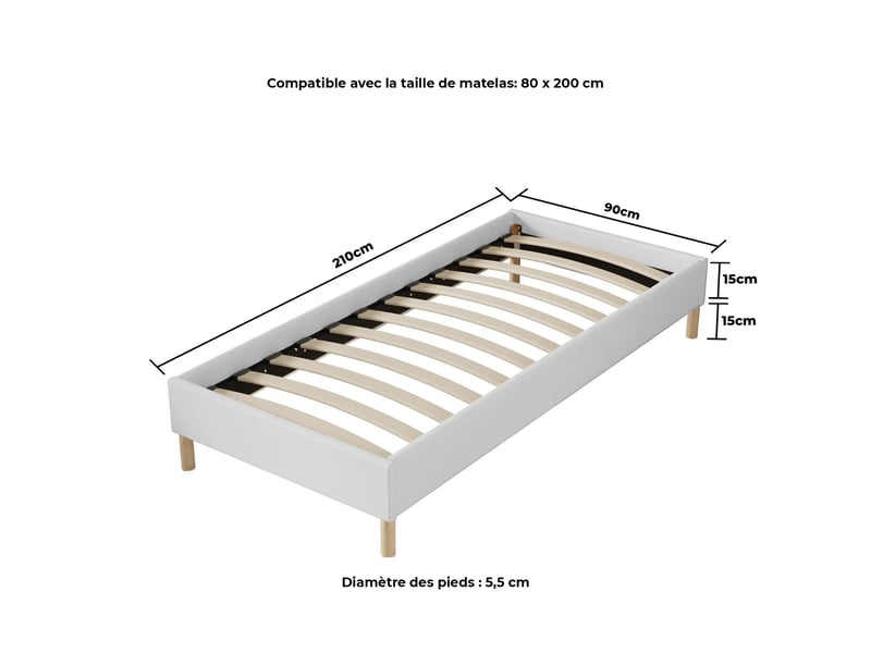 Lit 80x200 cm avec sommier, tissu blanc crème, lattes et pieds en bois Alya blanc crème - Conforama D