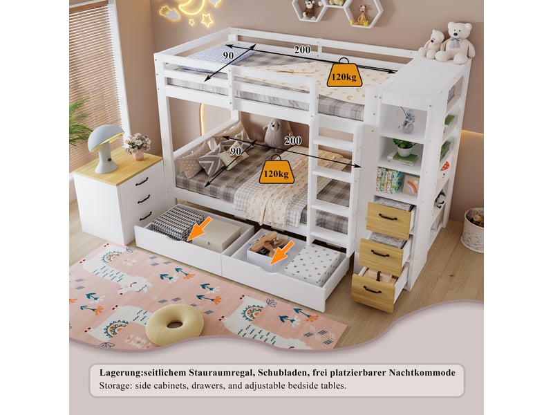 Lit superposé avec 2 tiroirs, rangement latéral et chevet mobile, blanc et naturel, 90 × 200 cm - Conforama D