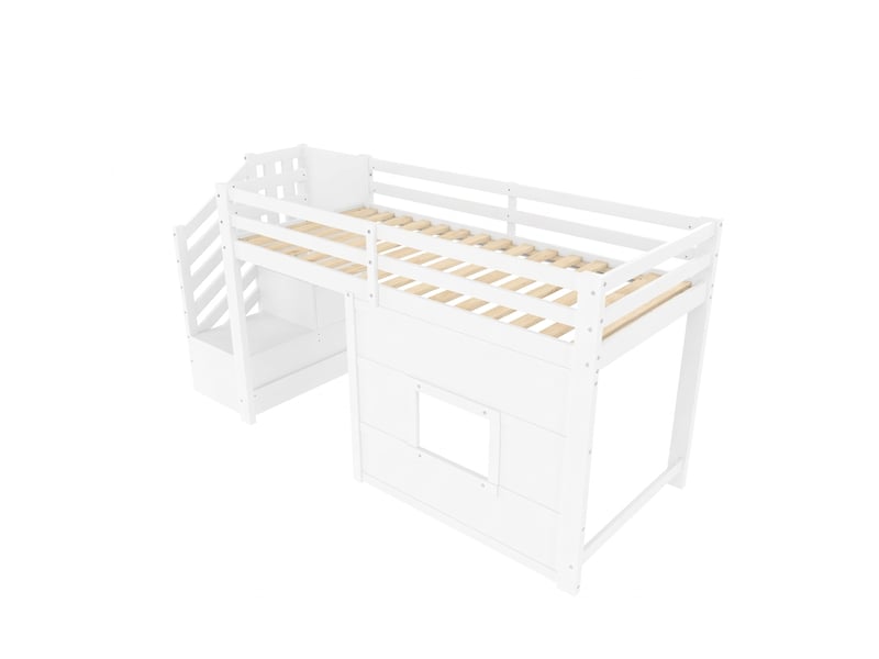  Lit mezzanine 90x200 avec escalier de rangement et fenêtre, éclairage led, blanc  - Conforama A